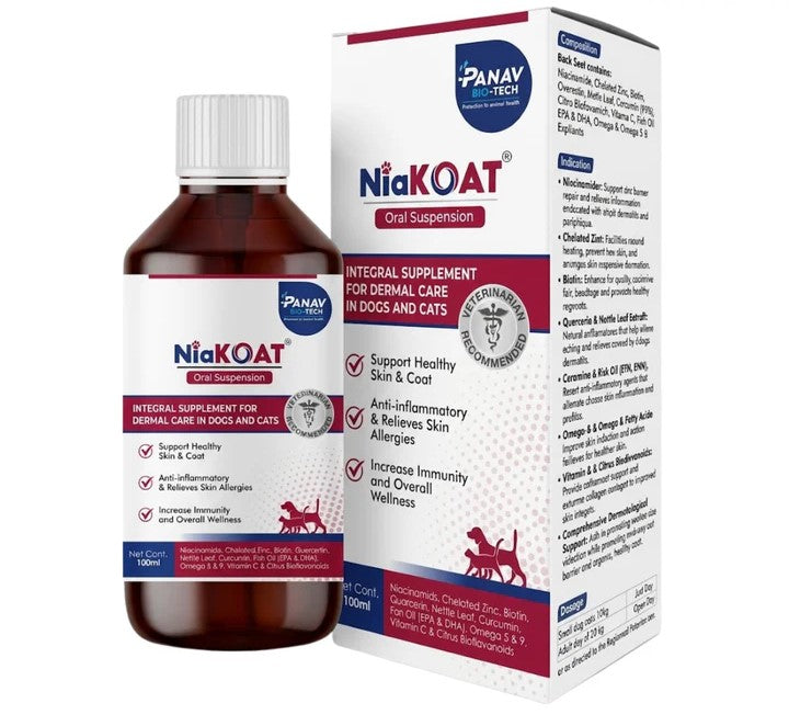 Panav Bio-Tech Niakoat Oral Suspension for Dogs & Cats Skin, Coat & Allergy Support (100ml)