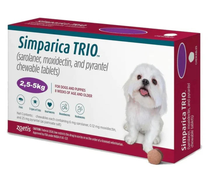 Zoetis Simparica Trio Chewable Tablet for Dogs & Puppies Weight 2.5-5kg (Pack of 3 Tablets)
