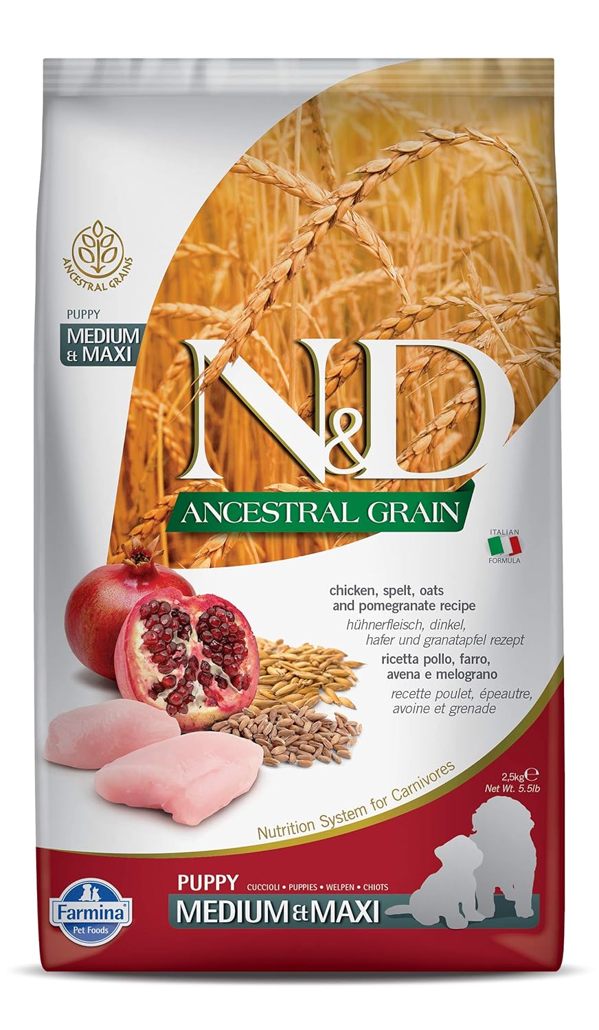 Farmina N D Ancestral Grain Puppy Medium Maxi Dog Food Chicken Spelt Oats Pomegranate No Artificial Preservatives Complete Nutrition For Puppies 2 5kg