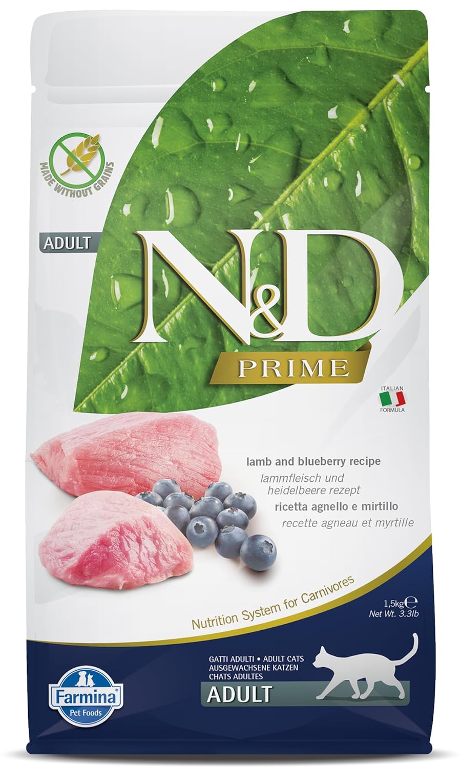 Farmina N D Prime Adult Cat Food Grain Free Lamb Blueberry Protein Source Low Glycemic Complete Nutrition 1 5kg Pack Of 2