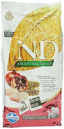 N&D FARMINA PET Foods Ancestral Grain Dry Dog Food, Senior Adult Medium & Maxi Breed, 12-Kg, Chicken and Pomegranate