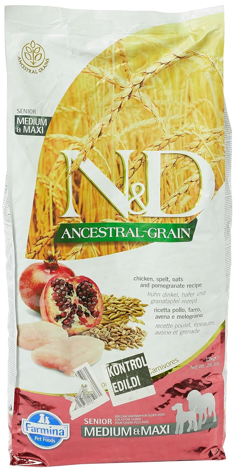 N D Farmina Pet Foods Ancestral Grain Dry Dog Food Senior Adult Medium Maxi Breed 12 Kg Chicken And Pomegranate