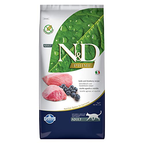 FARMINA N&D Prime Dry Cat Food, Adult, Grain-Free, 5-kg, Lamb and Blueberry