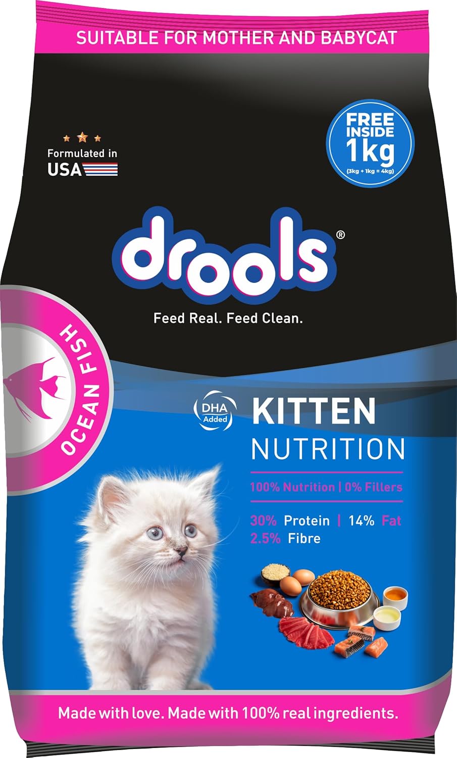 Drools Kitten Dry Cat Food 4kg Pack 3kg 1kg Food Free Inside Ocean Fish Flavour Promotes Optimum Growth Better Digestibility Controls Urinary Ph Healthy Skin And Lustrous Coat