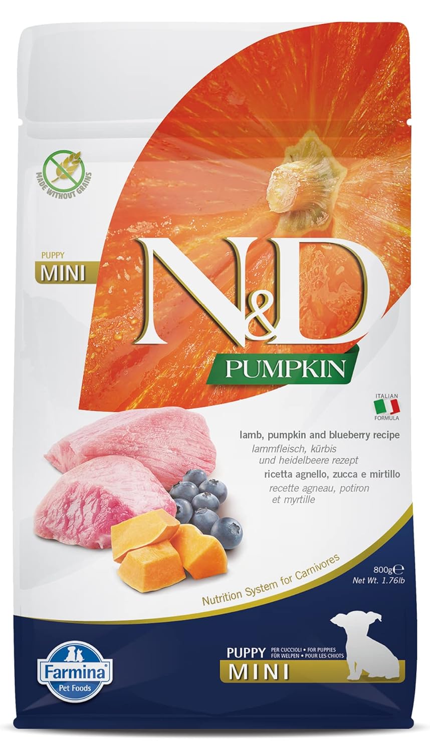 Farmina N D Pumpkin Puppy Mini Dog Food Lamb Blueberry Pumpkin Rich In Anti Oxidants Complete Food For Puppies 0 8kg No Artificial Preservatives