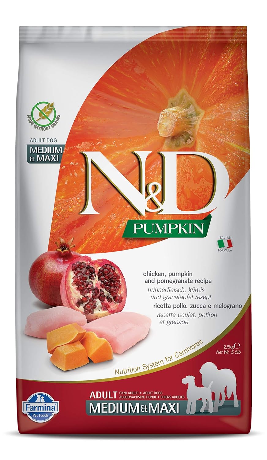 Farmina N D Pumpkin Adult Medium Maxi Dog Food Chicken Pomegranate Pumpkin Rich In Anti Oxidants Complete Food For Adult Dogs 2 5kg No Artificial Preservatives