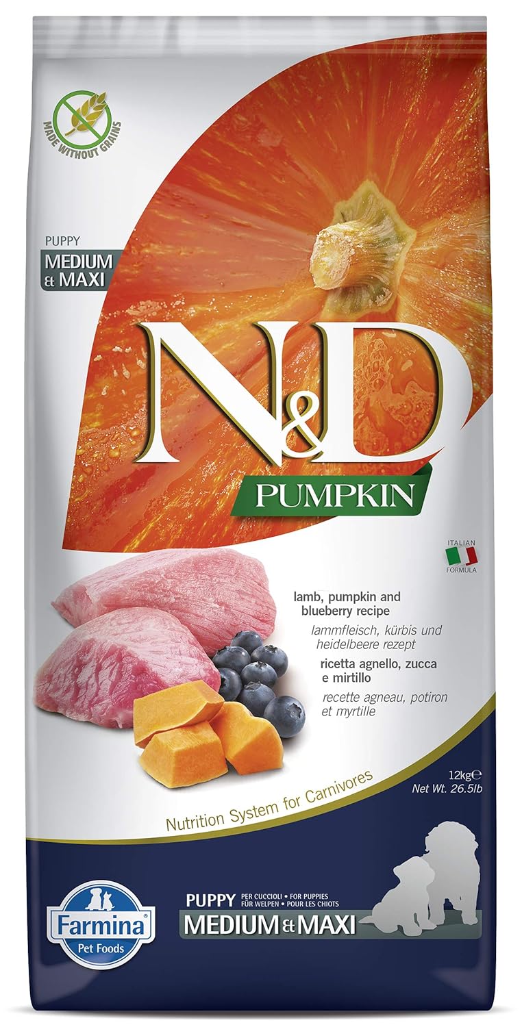 Farmina N D Pumpkin Puppy Med Maxi Dog Food Lamb Blueberry Pumpkin Rich In Anti Oxidants Complete Food For Puppies 12kg No Artificial Preservatives