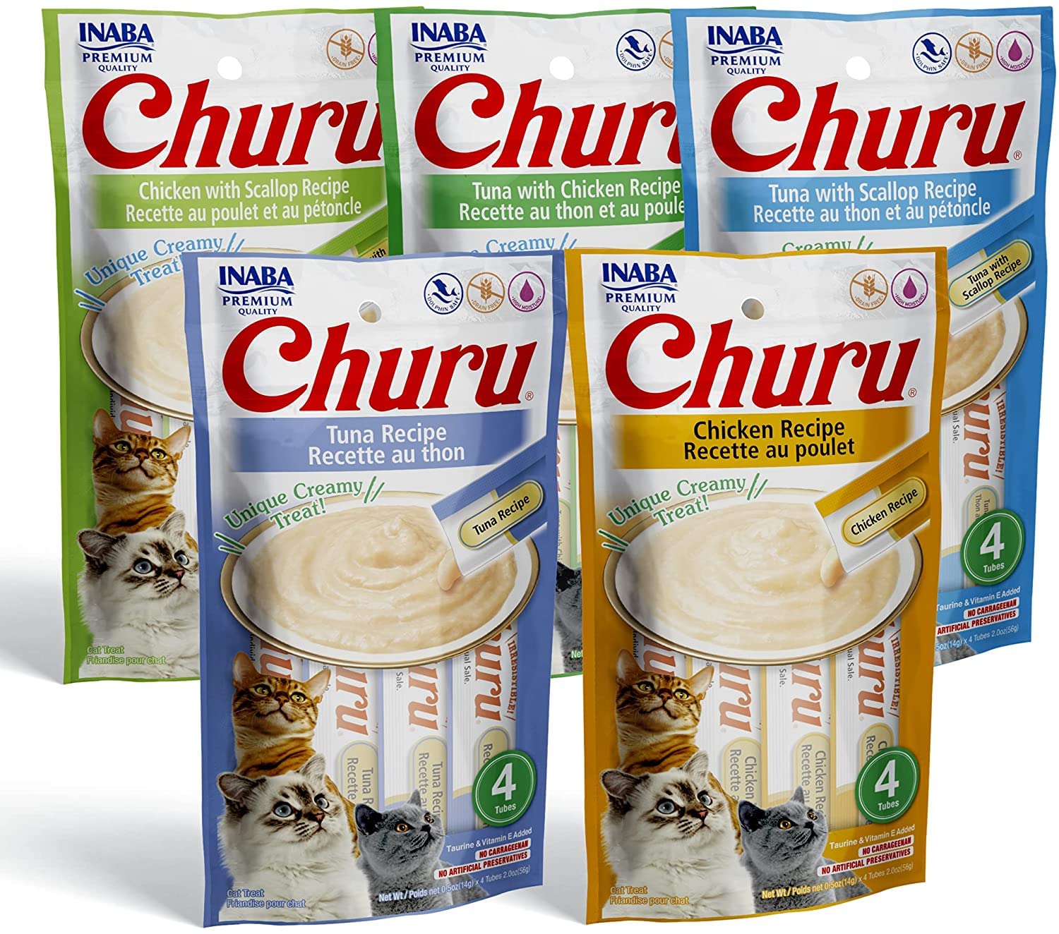 Inaba Ciao Churu Lickable Puree Creamy Cat Treat 5 Flavor Variety Pack All Life Stages