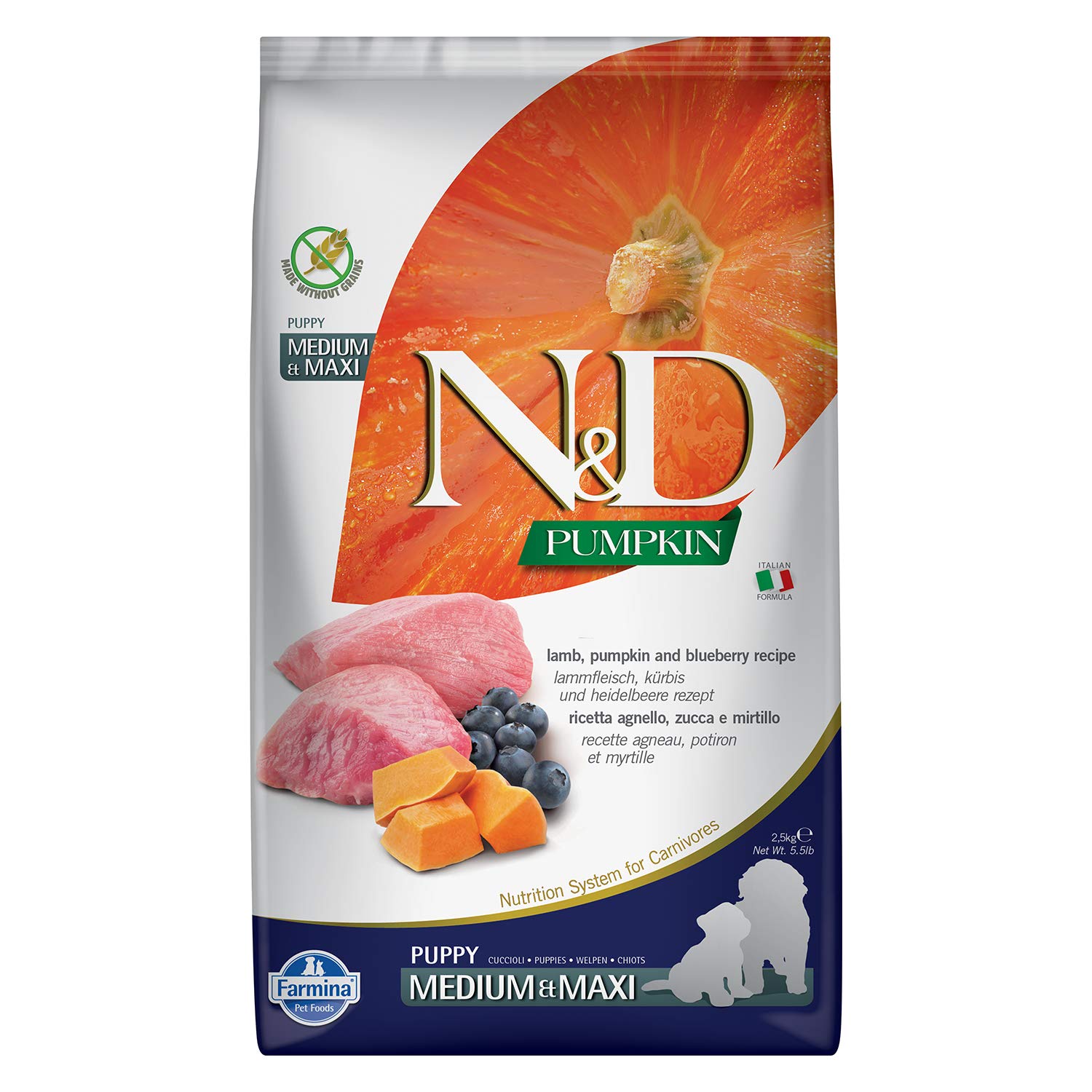 N D Farmina Pet Foods Pumpkin Dry Dog Pet Food Grain Free Puppy Medium Maxi Breed 2 5 Kg Lamb And Blueberry