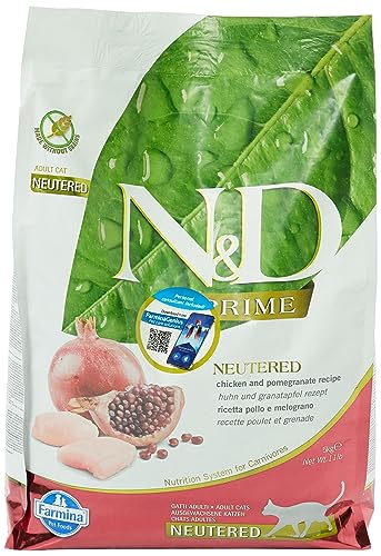 N&D FARMINA Prime Dry Cat Food, Neutered Adult, Grain-Free, 5-kg, Chicken and Pomegranate
