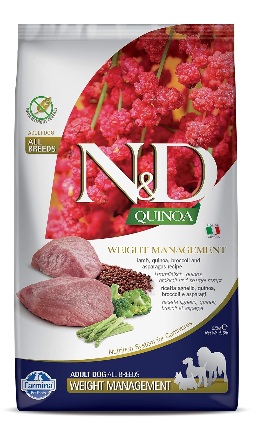 N D Farmina Pet Foods Quinoa Weight Management Dry Dog Food Grain Free Adult Breed 2 5 Kg Lamb Broccoli And Asparagus Pack Of 1