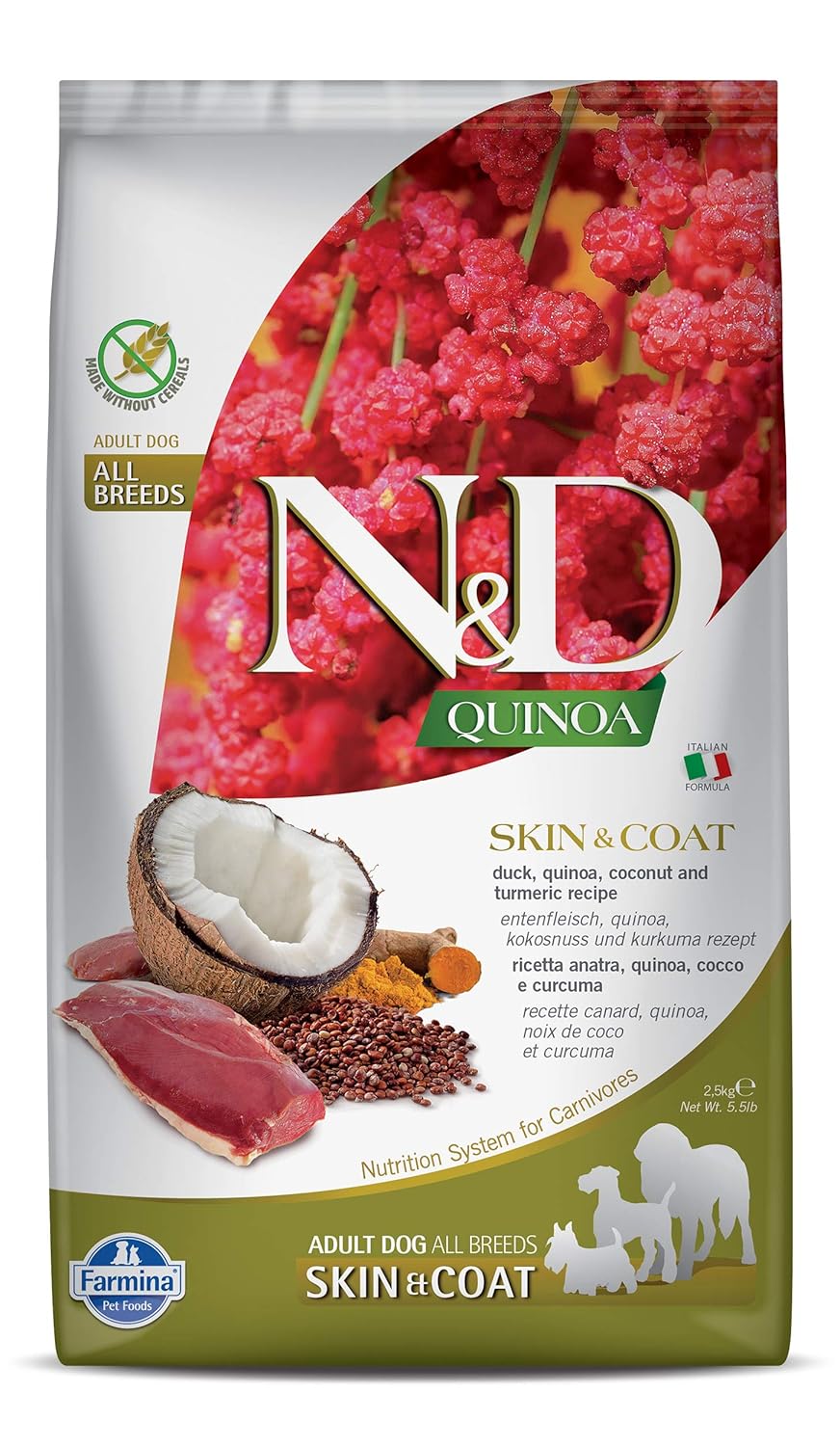 Farmina N D Quinoa Skin Coat Adult Dog Food Duck Supports Healthy Skin Coat Complete Dietetic Food For All Breed Dogs 2 5kg Grain Free Formula No Artificial Preservatives
