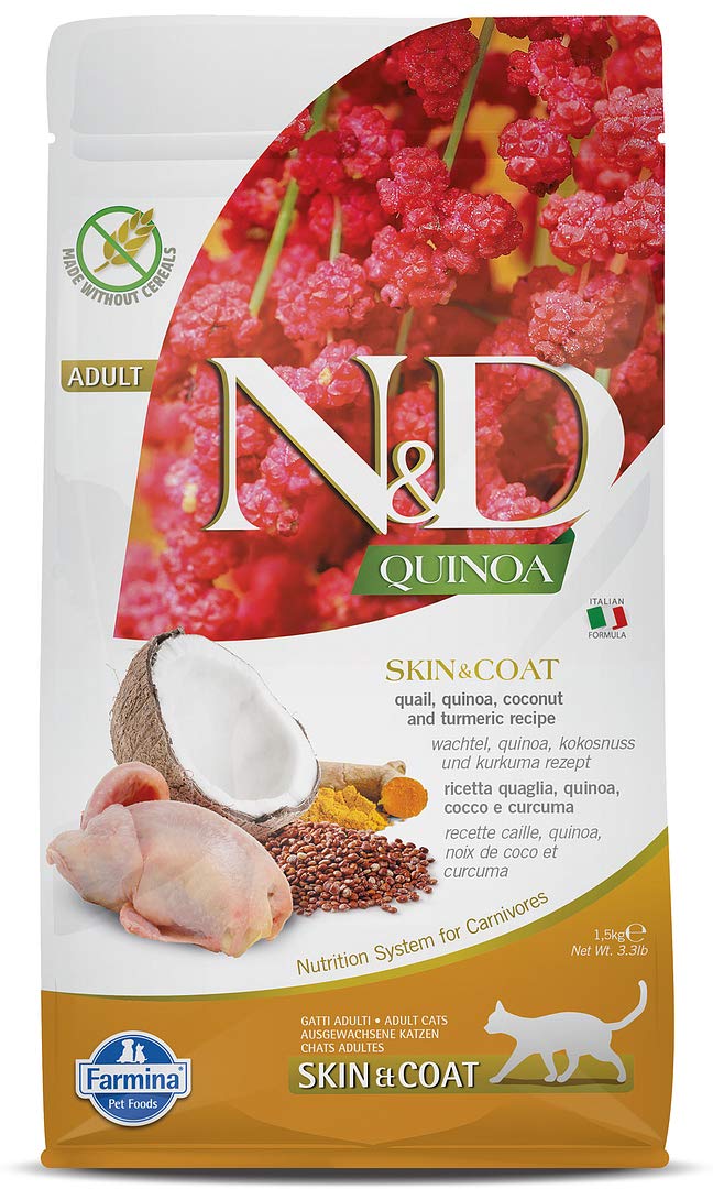Farmina N D Quinoa Skin Coat Cat Food Grain Free Quail Quinoa Coconut Turmeric Supports Healthy Skin Coat 1 5kg