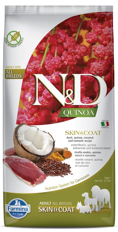 Farmina Pet Foods Quinoa Skin And Coat Dry Dog Food Grain Free Adult Breed 7 Kg Duck Coconut And Turmeric
