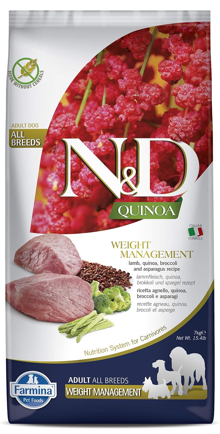 N D Farmina Pet Foods Quinoa Weight Management Dry Dog Food Grain Free Adult Breed 7 Kg Lamb Broccoli And Asparagus