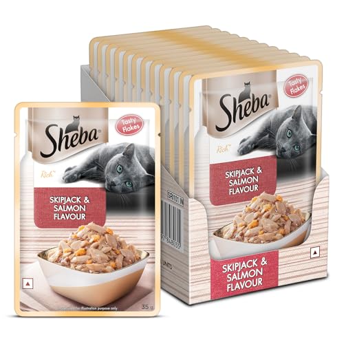 Sheba Rich Premium Adult (1+ Years) Wet Cat Food, Skipjack & Salmon Flavour, 35 g Pouch (Pack of 12), High-moisture wet food for healthy hydration
