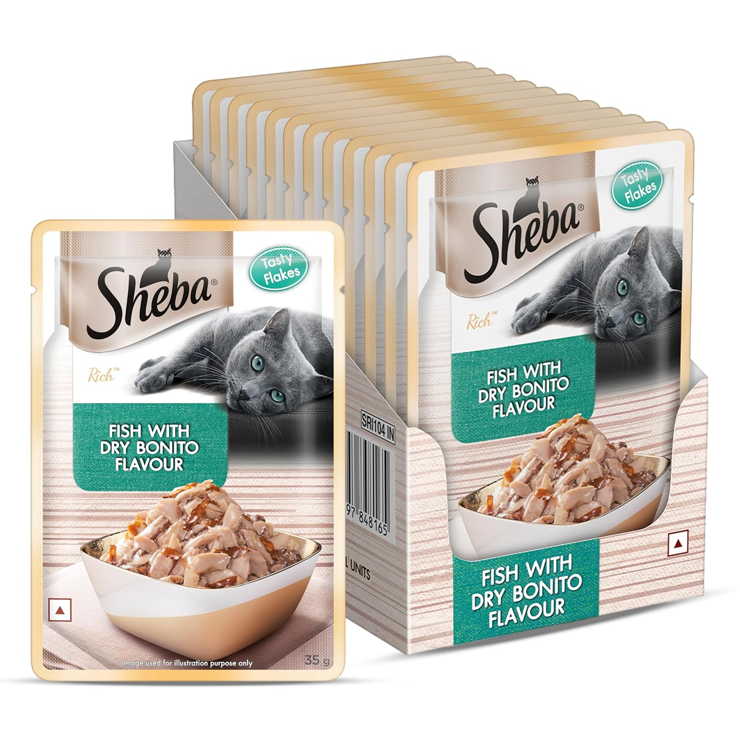 Sheba Rich Premium Adult 1 Years Wet Cat Food Fish With Dry Bonito Flavour 35 G Pouch Pack Of 12 High Moisture Wet Food For Healthy Hydration