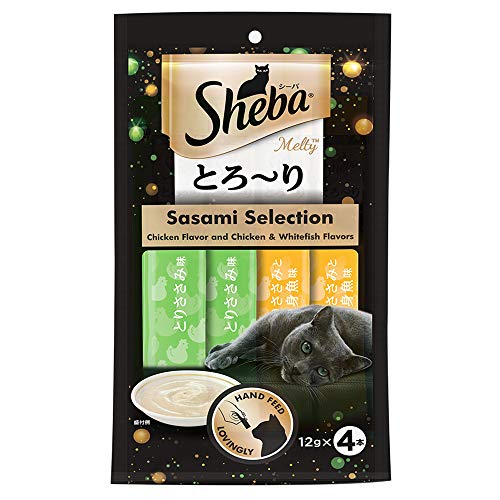 Sheba Melty Premium Lickable Creamy Cat Treats, Sasami Selection Chicken & Chicken & Whitefish Flavors, 4 Packs x 12g, (48g) Creamy Treats for Bonding, All Life Stages