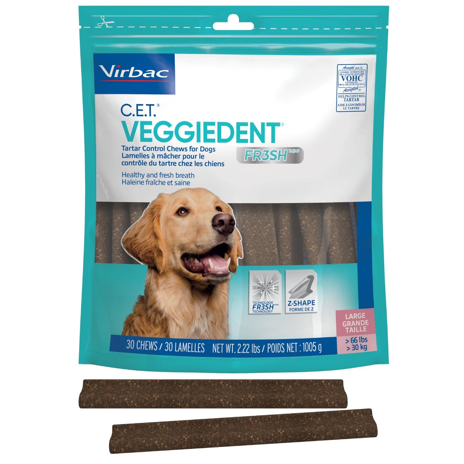 Virbac Cet Veggiedent Fr3sh Tartar Control Chews For Large Dogs Over 66 Pounds Plant Based Formula 30 Count Bag All Life Stages