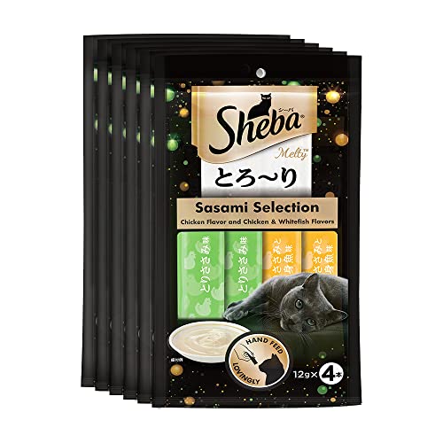 Sheba Melty Premium Lickable Creamy Cat Treats, Sasami Selection – Chicken & Chicken & Whitefish Flavors, 4 Sticks x 12g (48g), Creamy Treats for Bonding