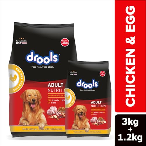 Drools Adult Dry Dog Food 4.2kg (3kg + 1.2kg Free) | Chicken & Egg Flavour | Supports Active Behaviour | Digestive Health & Immunity | Better Digestibility