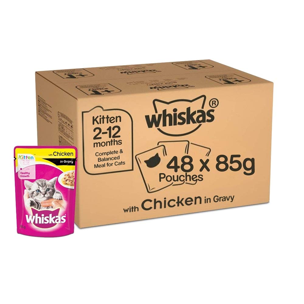 Whiskas Kitten 2 12 Months Wet Cat Food Chicken In Gravy Flavour 48 X 85 G Pouches