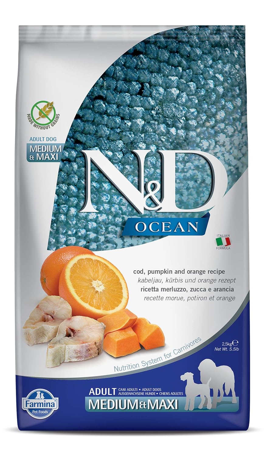 Farmina Pet Foods Ocean Dry Dog Food Grain Free Adult Medium And Maxi Breed 2 5 Kg Codfish Pumpkin And Orange