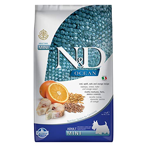 FARMINA PET Foods Ocean Dry Dog Food, Low Grain, Adult Mini Breed, 2.5-kg, Spelt Oats Codfish and Orange