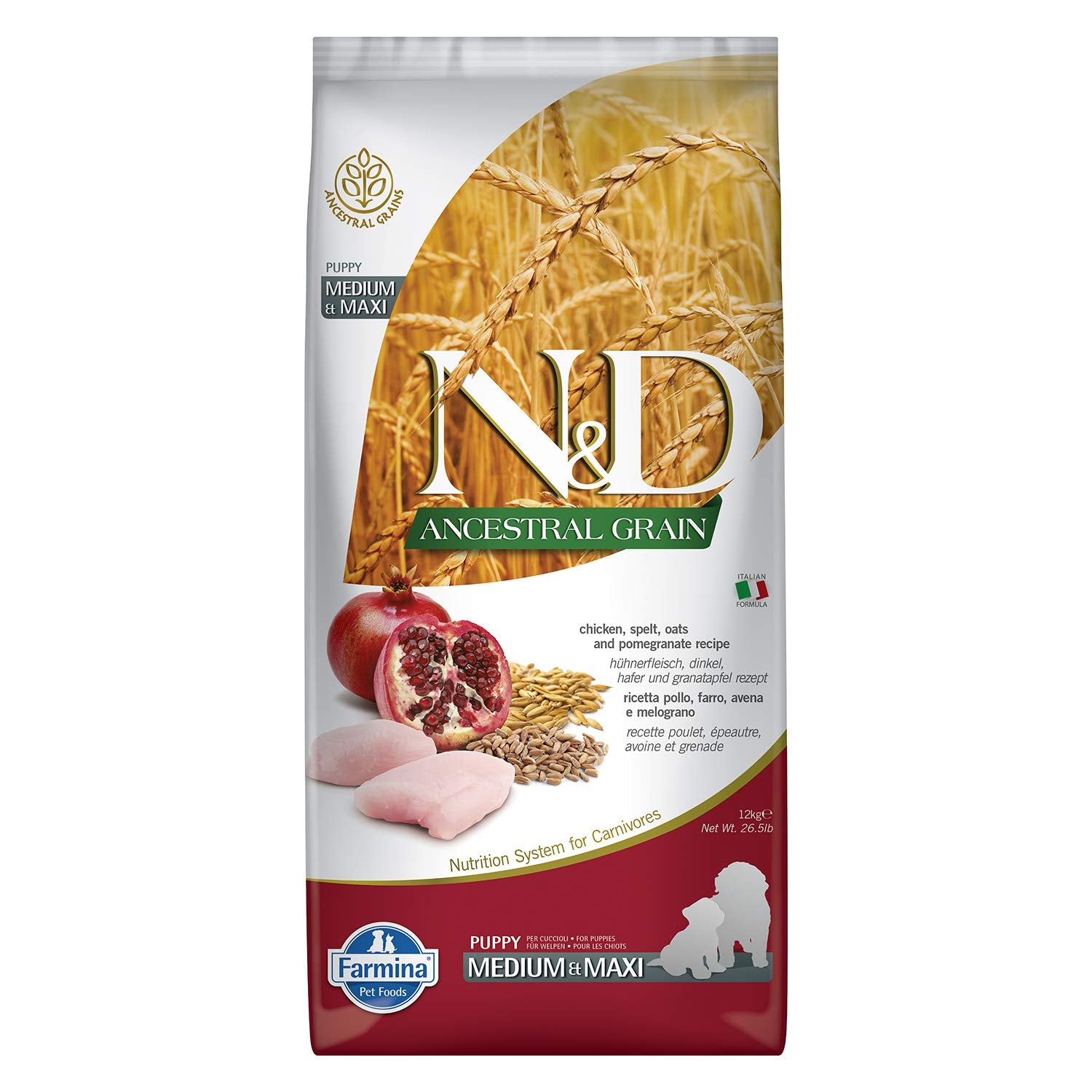 Farmina Pet Foods N D Ancestral Grain Dry Dog Food Puppy Medium And Maxi Breed 12 Kg Chicken And Pomegranate Pack Of 1
