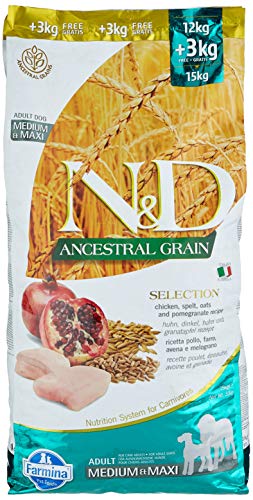 FARMINA PET FOODS Ancestral Grain Selection Dry Dog Food, Adult Medium & Maxi Breed, 12kg + 3kg Free, Chicken and Pomegranate