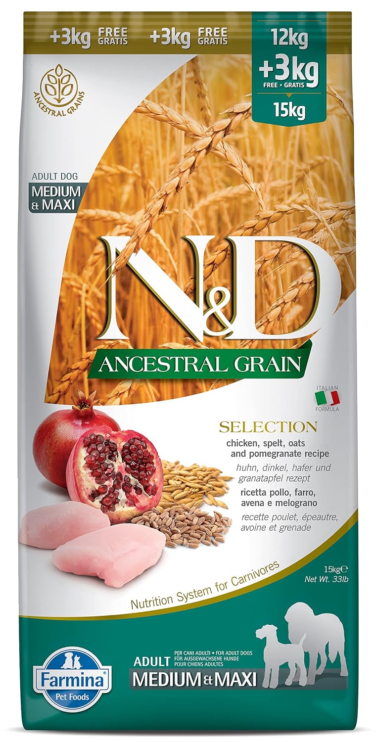 Farmina Pet Foods Ancestral Grain Selection Dry Dog Food Adult Medium Maxi Breed 12kg 3kg Free Chicken And Pomegranate