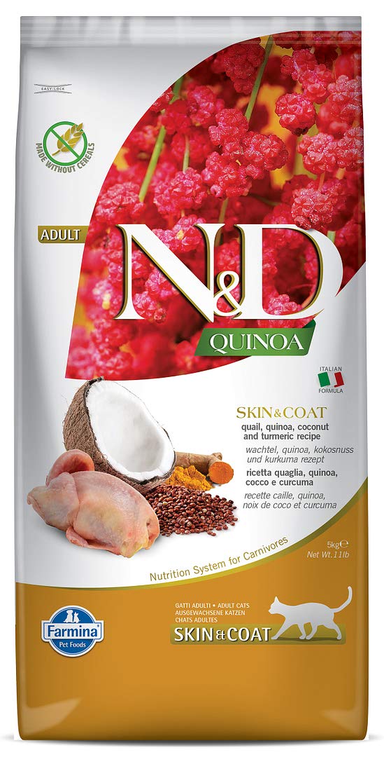 Farmina N D Quinoa Skin Coat Cat Food Grain Free Quail Quinoa Coconut Turmeric Supports Healthy Skin Coat 5kg