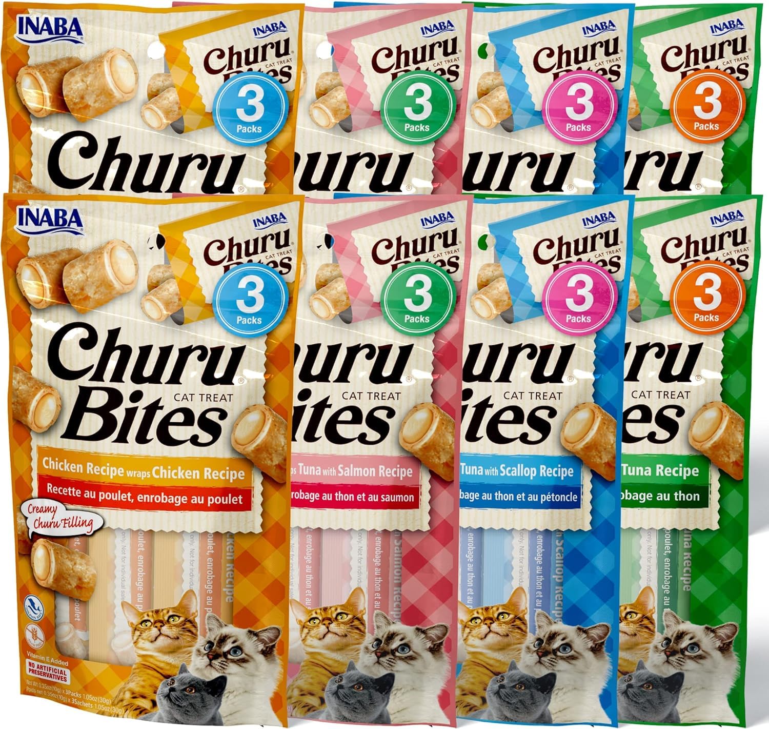 Inaba Churu Bites For Cats Grain Free Soft Chewy Baked Chicken Wrapped Cat Treats With Savory Churu Centers 4 Flavour Variety Packs 2 Each
