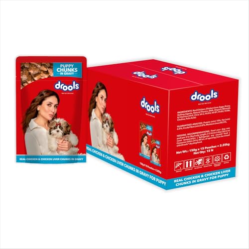 Drools Puppy Wet Dog Food 2.25kg (150g x 15 Packs) | Real Chicken & Chicken Liver Chunks in Gravy | Better Digestibility & Overall Health | Supports Healthy Skin & Coat | Maintains Joint Health