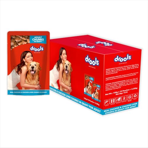Drools Adult Wet Dog Food 2.25kg (150g x 15) Pack of 15 | Real Chicken and Chicken Liver Chunks in Gravy | Better Digestibility & Health | Healthy Skin & Coat | Maintains Joint Health