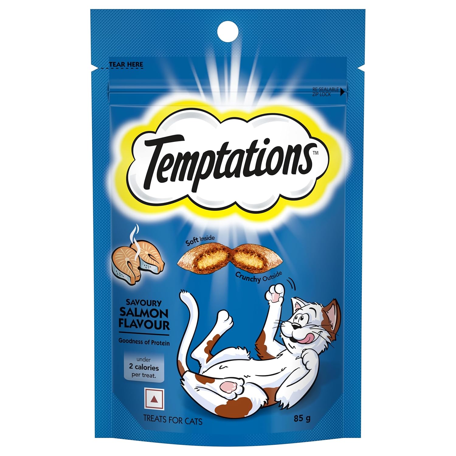 Temptations Crunchy Cat Treats Savoury Salmon Flavour 85 G Goodness Of Protein Vitamins Minerals Soft Inside Crunchy Outside
