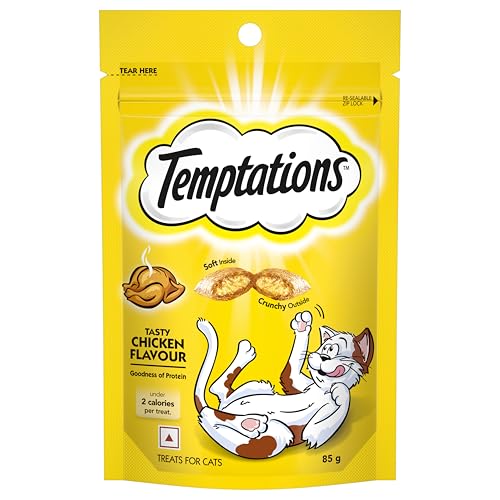 Temptations Crunchy Cat Treats, Tasty Chicken Flavour, 85 g, Goodness of Protein, Vitamins & Minerals, Soft Inside Crunchy Outside