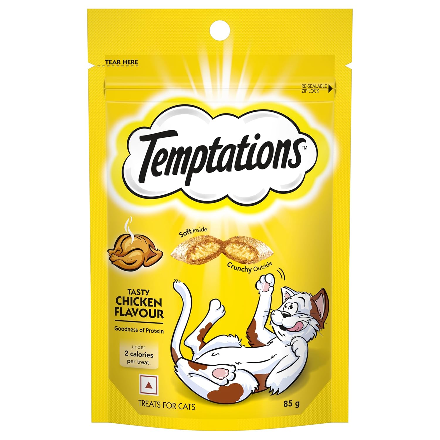 Temptations Crunchy Cat Treats Tasty Chicken Flavour 85 G Goodness Of Protein Vitamins Minerals Soft Inside Crunchy Outside