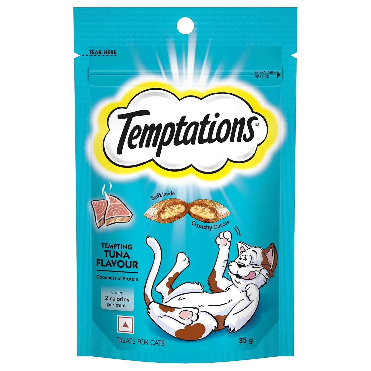 Temptations Crunchy Cat Treats Tempting Tuna Flavour 85 G Goodness Of Protein Vitamins Minerals Soft Inside Crunchy Outside Adult Pebbles