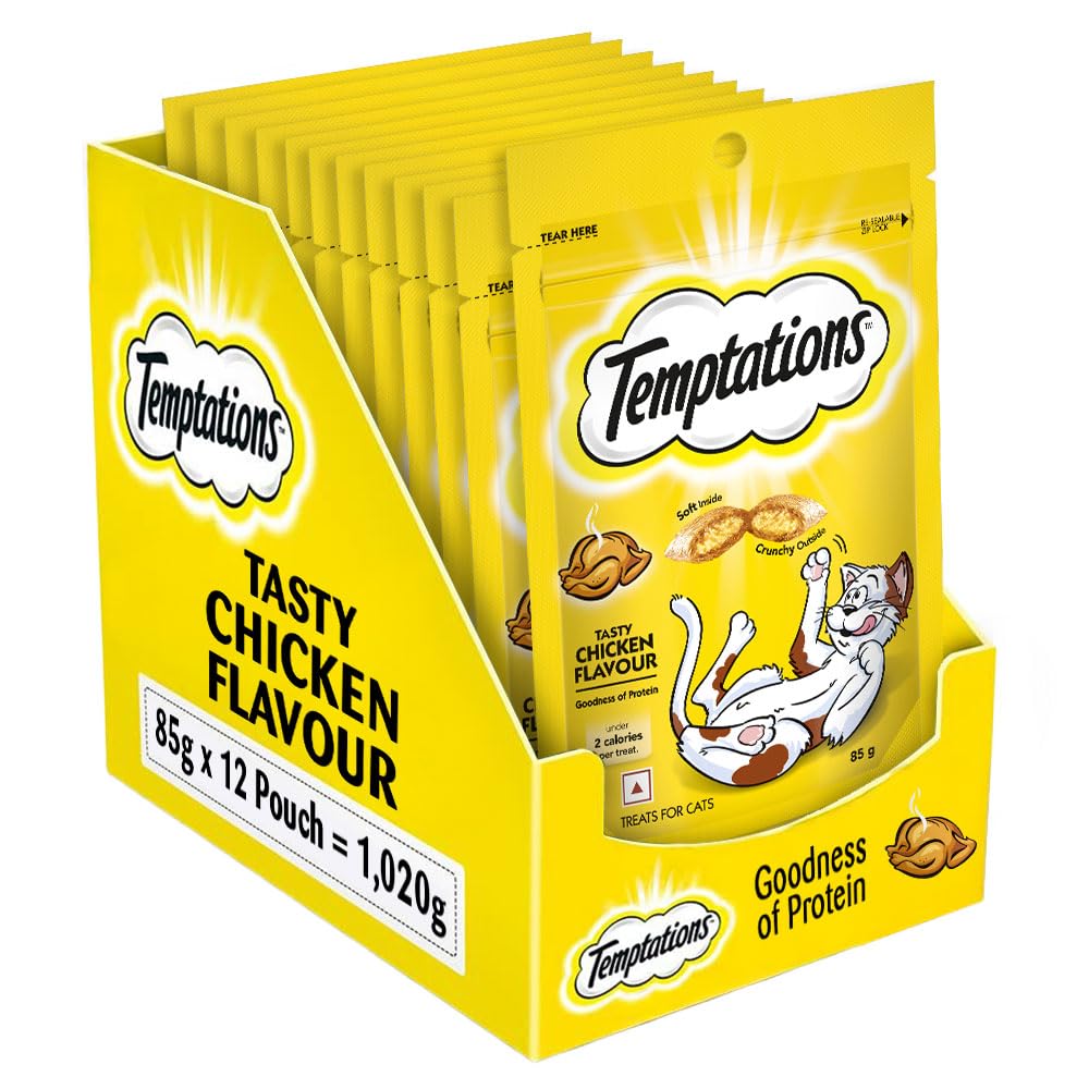 Temptations Crunchy Cat Treats Tasty Chicken Flavour 85 G Pack Of 12 Goodness Of Protein Vitamins Minerals Soft Inside Crunchy Outside