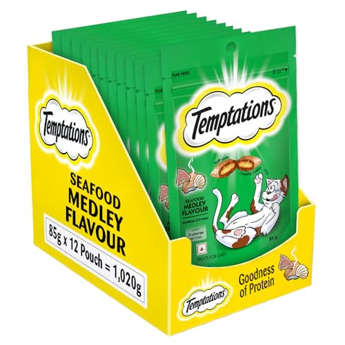 Temptations Crunchy Cat Treats, Seafood Medley Flavour, 85 g (Pack of 12), Goodness of Protein, Vitamins & Minerals, Soft Inside Crunchy Outside