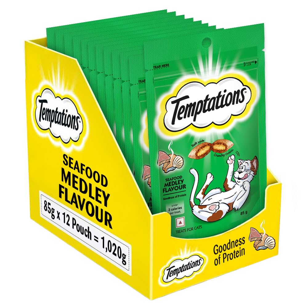 Temptations Crunchy Cat Treats Seafood Medley Flavour 85 G Pack Of 12 Goodness Of Protein Vitamins Minerals Soft Inside Crunchy Outside