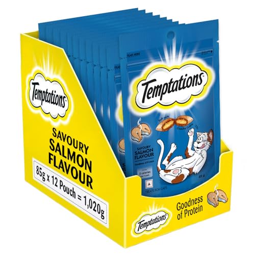 Temptations Crunchy Cat Treats, Savoury Salmon Flavour, 85 g (Pack of 12), Goodness of Protein, Vitamins & Minerals, Soft Inside Crunchy Outside