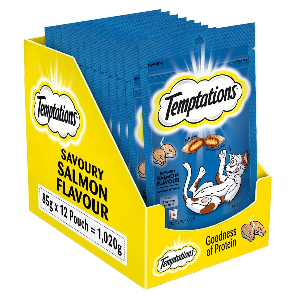 Temptations Crunchy Cat Treats Savoury Salmon Flavour 85 G Pack Of 12 Goodness Of Protein Vitamins Minerals Soft Inside Crunchy Outside