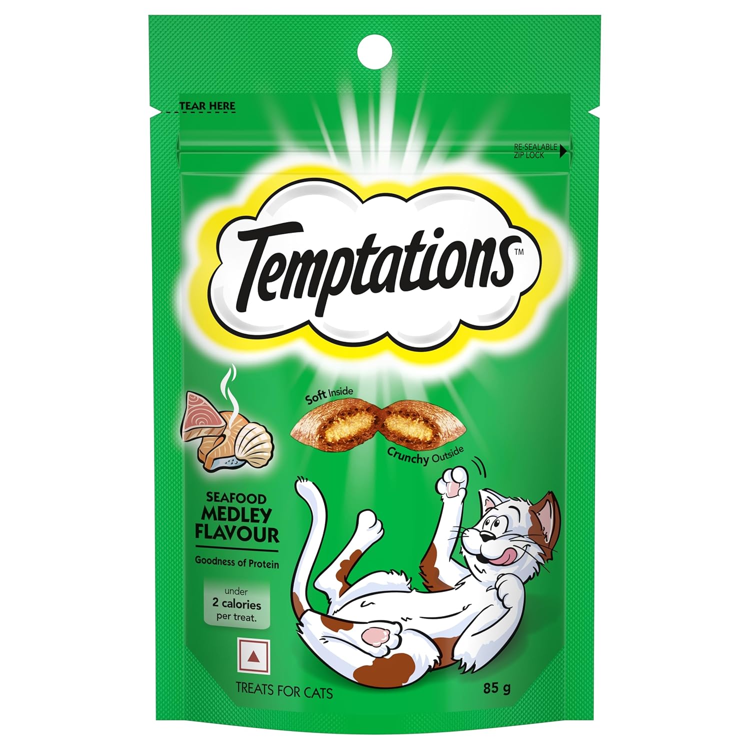Temptations Crunchy Cat Treats Seafood Medley Flavour 85 G Goodness Of Protein Vitamins Minerals Soft Inside Crunchy Outside Adult Chunk