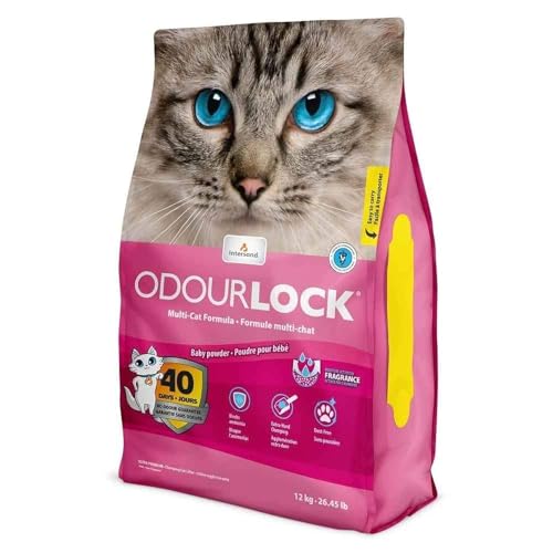 OdourLock Baby Powder Scented Ultra Premium Cat Litter -Blocks Ammonia, Dust-Free, Extra-Hard Clumping, 40-Day Odor Control, Quick Absorption, No Tracking, Multi-Cat Friendly, Made in Canada 12kg