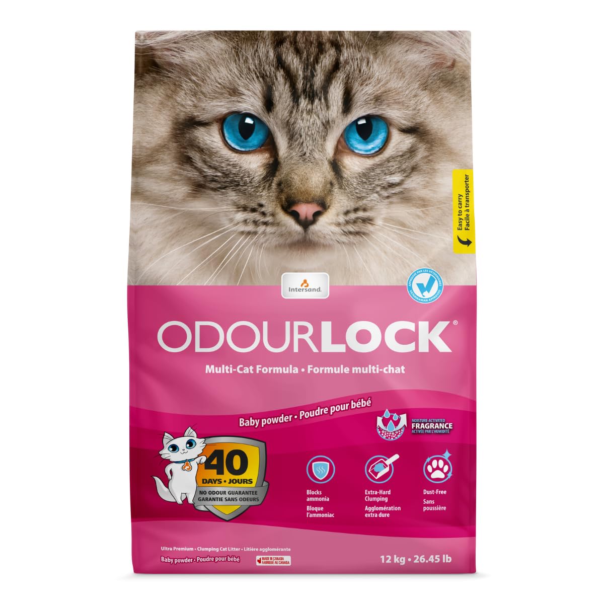 Odourlock Baby Powder Scented Ultra Premium Cat Litter Blocks Ammonia Dust Free Extra Hard Clumping 40 Day Odor Control Quick Absorption No Tracking Multi Cat Friendly Made In Canada 12kg