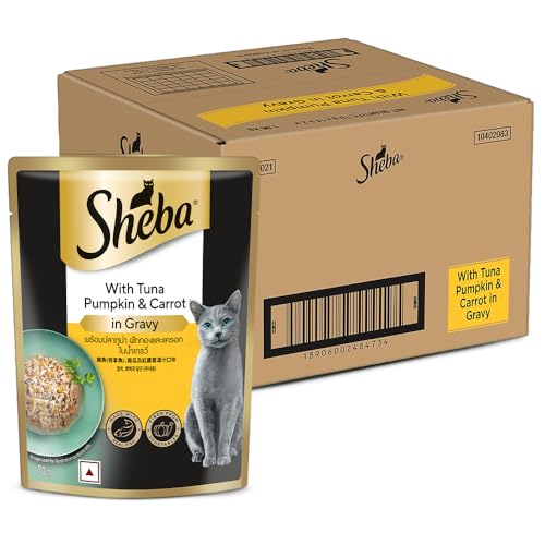 Sheba Fine Premium Adult (1+ Years) Wet Cat Food, Tuna Pumpkin & Carrot in Gravy, 70 g Pouch (Pack of 28), High-moisture gravy cat food for healthy hydration