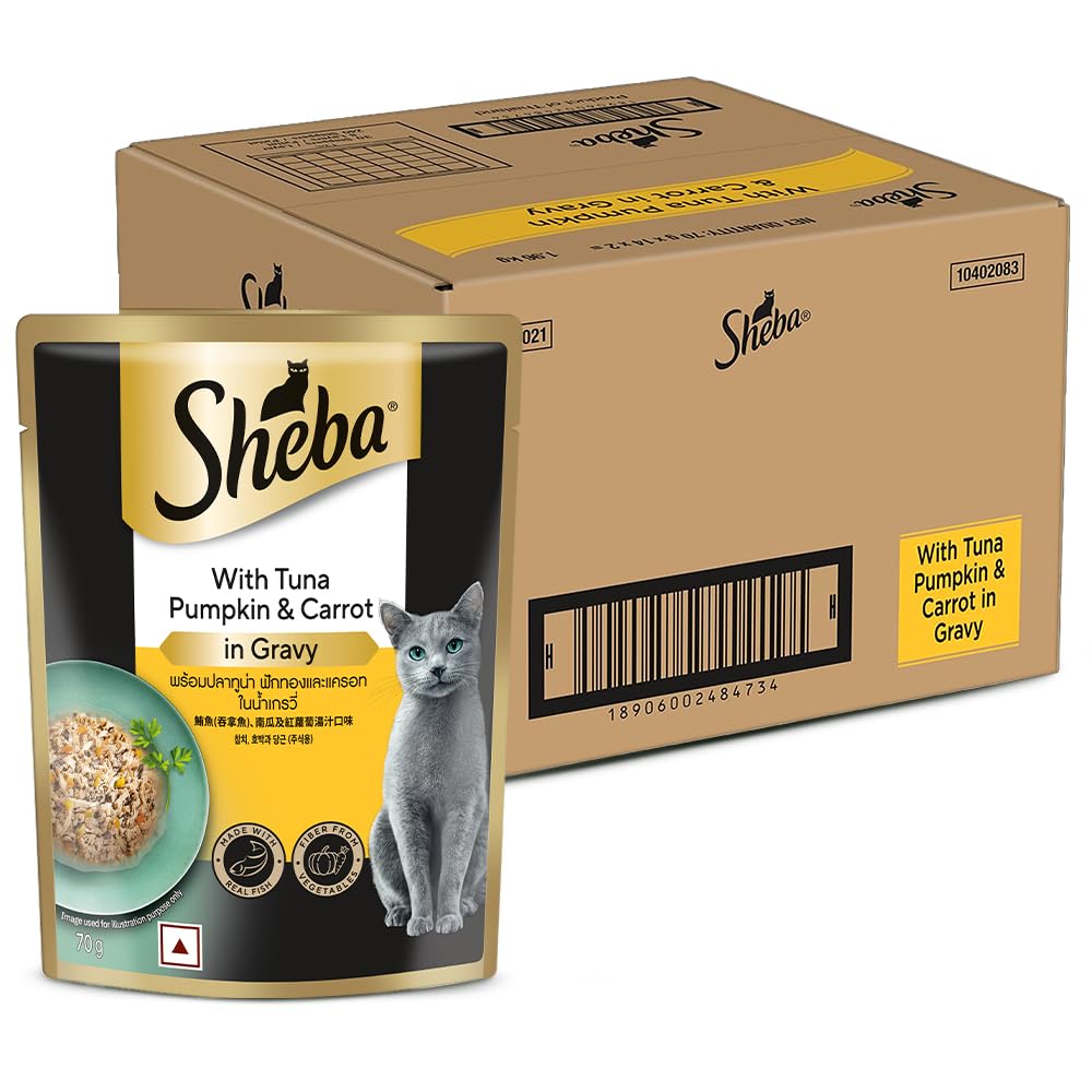 Sheba Fine Premium Adult 1 Years Wet Cat Food Tuna Pumpkin Carrot In Gravy 70 G Pouch Pack Of 28 High Moisture Gravy Cat Food For Healthy Hydration