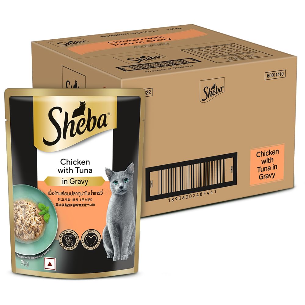 Sheba Fine Premium Adult 1 Years Wet Cat Food Chicken With Tuna In Gravy 70 G Pouch Pack Of 28 High Moisture Gravy Cat Food For Healthy Hydration